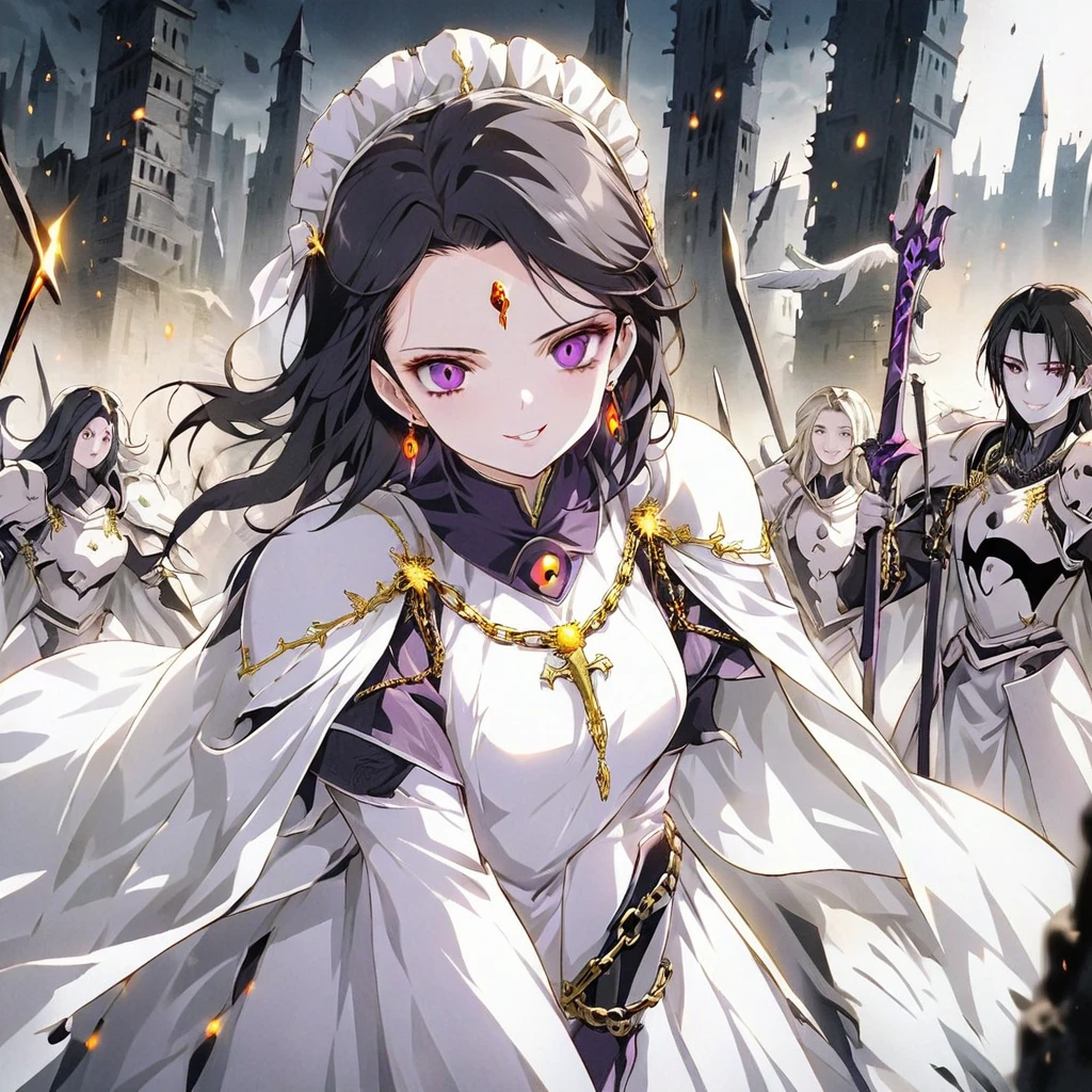 dark persona, grin, standing on pedestal, white leg armor, talking, knight, wavy hair, medium hair, Leading a ritual, dark purple eyes, audience, forehead jewel, white wing headdress, gripping spear in hand, shoulder armor, 1 female, armor, white cape, runes, evil woman Executive, white dress, Ruined city, gold decoration, black hair, moonlight, earrings, chains, yin yang, long skirt, beautiful art, depth of field, high res, perfect face, detailed outfit