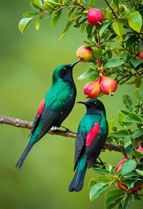 there are two sunbirds flying around the pomegranate tree, red pomegranate flowers, green pomegranate leaves，green bokeh backgro...