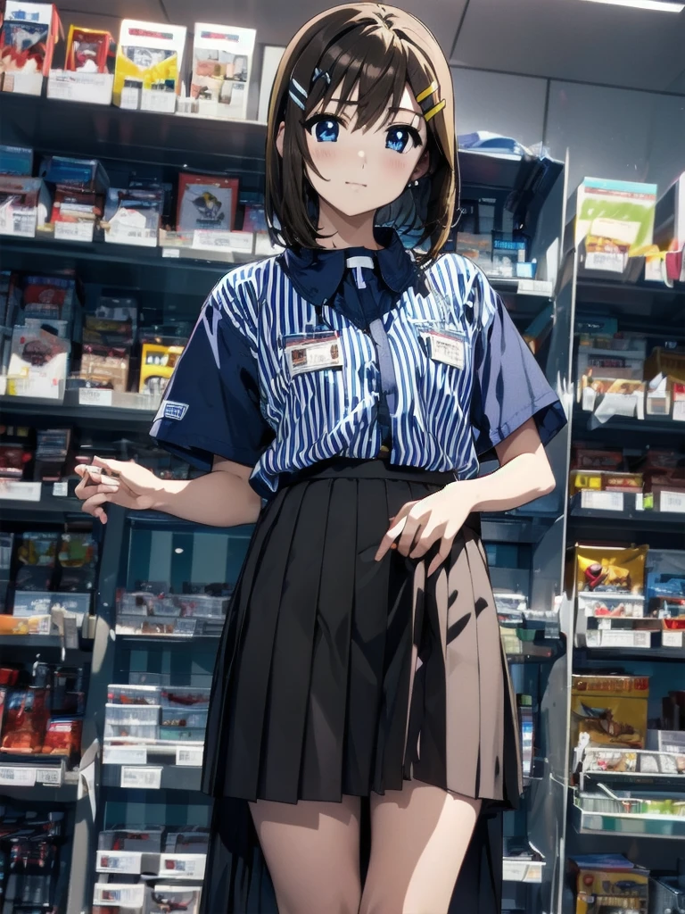 nsfw , Hayate Yagami , lyrical nanoha , (((highres official art))) , (((Anime Pinups))) , (((1girl))) , (((solo))) , (((a little lighter brown hair))) , (((Hair Clip))) , best quality, highres, 12yo, lawson uniform, employee uniform, shirt, name tag, short sleeves, striped shirt, striped, vertical-striped shirt, blue shirt, vertical stripes, alternate costume , (((lift skirt))), (((skirt hold))) , (((no panties))) 