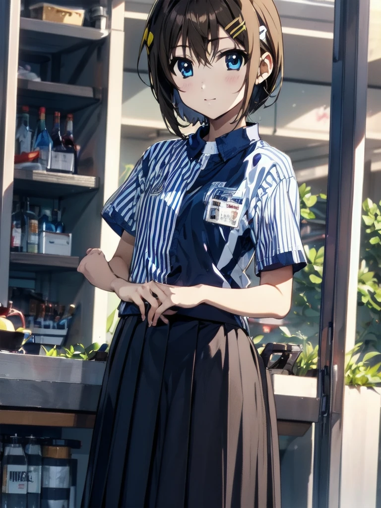 nsfw , Hayate Yagami , lyrical nanoha , (((highres official art))) , (((Anime Pinups))) , (((1girl))) , (((solo))) , (((a little lighter brown hair))) , (((Hair Clip))) , best quality, highres, 12yo, lawson uniform, employee uniform, shirt, name tag, short sleeves, striped shirt, striped, vertical-striped shirt, blue shirt, vertical stripes, alternate costume , (((lift skirt))), (((skirt hold))) , (((no panties))) 