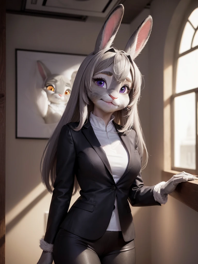 best quality,
masterpiece,
hyper Realistic,
ultra-detailed,
beautiful detailed,
4K，8K，High level,
PIXAR,
Photo real,
medium shot,
Looking at the audience upside,
background in bloom office,
Realistic lighting,

((anthropomorphic rabbit)),
detailed animals,
Complex patterns,
(furry:1.35),
(Whole skin is gray:1.35),
(body is fluffy and bushy:1.35),
Realistic fur,

((human hands)),

(Face is JudyHopps:1.35),
((medium straight hair))
((sidepart bangs)), bangs,
purple eyes,
{highlight on eyes, crisp eyes, sparkle in the eyes, round big pupils},
detailed iris, 
(rised eyebrows:1.2),
(Crescent Brows:1.3),
(rabbit ears:1.1),
Smile,
Big Smile,
Innocent smile,
raised corners of mouth,

office lady is wearing suit,
((White blouse)) BREAK ((Black blazer)) BREAK ((Black pants)),

clothes made of wool,

(solo:1.5),
(1 lady:1.5),
one character only
alone,
Perfect Anatomy,

highlight,
sunlight,
lighting forward,
lighting front
intricate details, 
ray tracing, 
photorealistic, 
lighter shadows,