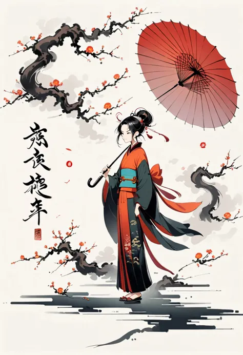 Bada Shanren style,Chinese Ink Painting，Simple style，is capitalized，Very simple pictures，Falling Flowers，Umbrella，