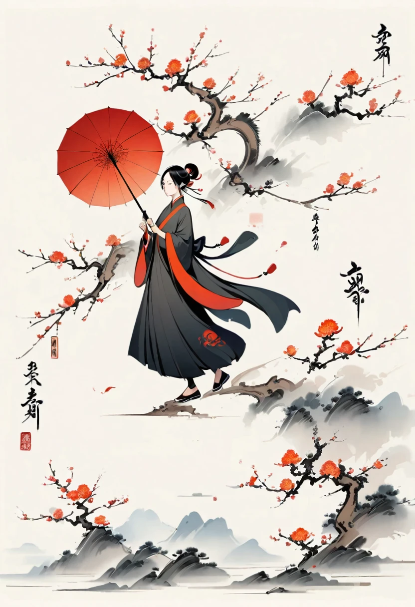 Bada Shanren style,Chinese Ink Painting，Simple style，is capitalized，Very simple pictures，Falling Flowers，Umbrella，