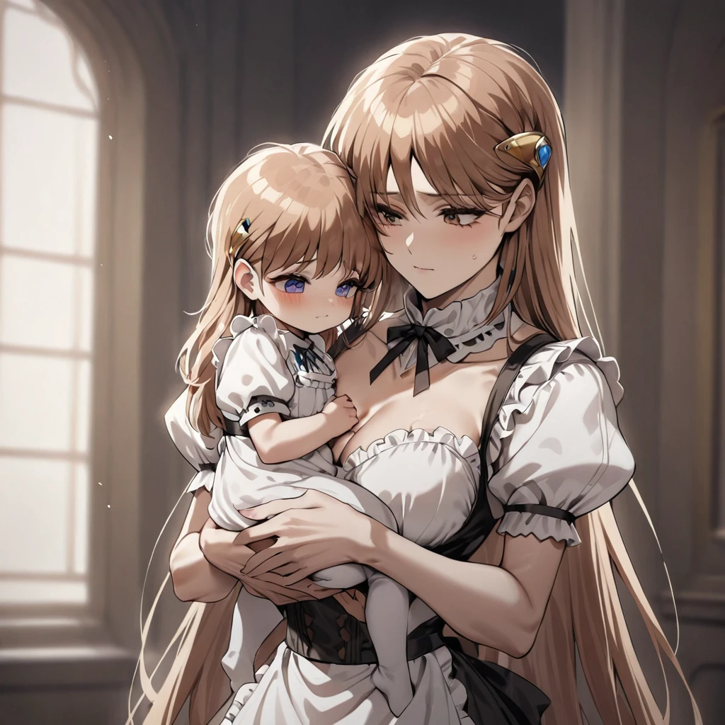 ((Highest quality)), ((masterpiece)), (detailed), （Perfect Face）、The woman is Princess Leona, with light brown, medium-long hair and is wearing a Victorian maid outfit.、The woman is brainwashed, expressionless, and has no highlights in her eyes.、The man is close to the woman、The woman is holding her baby daughter