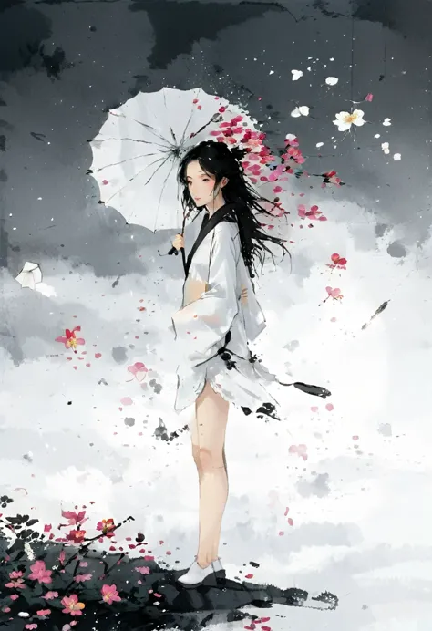 艺术ink painting，立体ink painting，minimalism，minimalism的图形，minimal art，chinese anime girl，whole body，chinese，，ink painting，umbrella，...