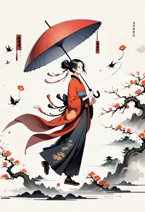 Bada Shanren style,Chinese Ink Painting，Simple style，is capitalized，Very simple pictures，Falling Flowers，Umbrella，