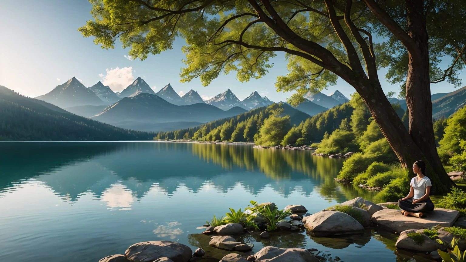 un paisaje sereno con un hermoso lago, montañas al fondo, frondosos bosques verdes, luz del sol filtrándose a través de los árboles, una persona sentada en posición de loto meditando, Atmósfera pacífica, colores calmantes, iluminación natural, muy detallado, Fotorrealista, 8K, Híper realista, iluminación volumétrica, composición cinematográfica, iluminación dramática, tonos cambiantes