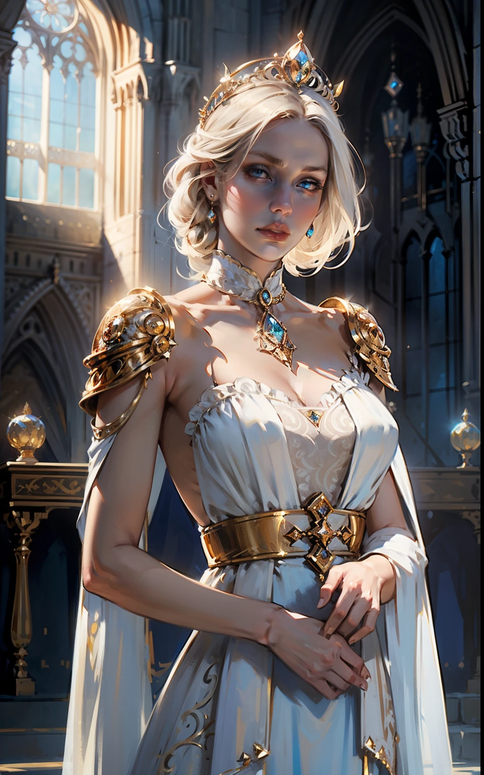 Fantasy, 19th century, empress, woman, delicate face, pale blonde hair, blue eyes, in a white royal dress with open shoulders, gold patterns on fabric, crystal jewelry, with a scarlet ribbon over the shoulder with the regalia of the monarch, Gothic castle made of white stone on the background, light, day, hd