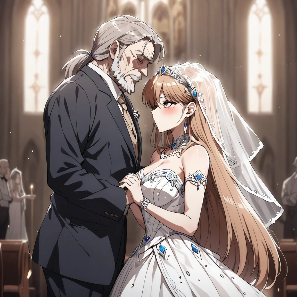 ((Highest quality)), ((masterpiece)), (detailed), （Perfect Face）、The woman is Princess Leona, a strong, dignified, and powerful old man who is a villain, and they embrace each other, kissing as they get married. She has medium-long light brown hair, and is wearing a gorgeous, glittering, and jeweled wedding dress and wedding veil. They are holding hands and kissing as they get married in a gorgeous church with the strong, dignified, and powerful old man who is a villain, the general.、The woman has medium-long hair, is brainwashed, has no expression, and has no highlights in her eyes.