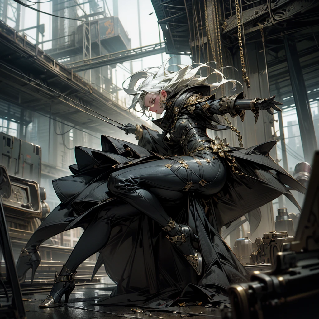 1 girl, solo, attractive body in sexy clothes, gothic, wearing punk attire, destroyed city, in a mortal battle, solo, masterpiece, flawless, no anomalies, photorealistic, 8k, high quality, dramatic lighting, moody atmosphere, dark colors, gritty urban environment, hyper detailed, cinematic composition, dynamic pose, intense expression with shiny accessories, silver and gold accessories, jewelry, diamond, earrings, chains, body without anomalies two arms and hands without anomalies two legs without anomalies body shape without anomalies in the character