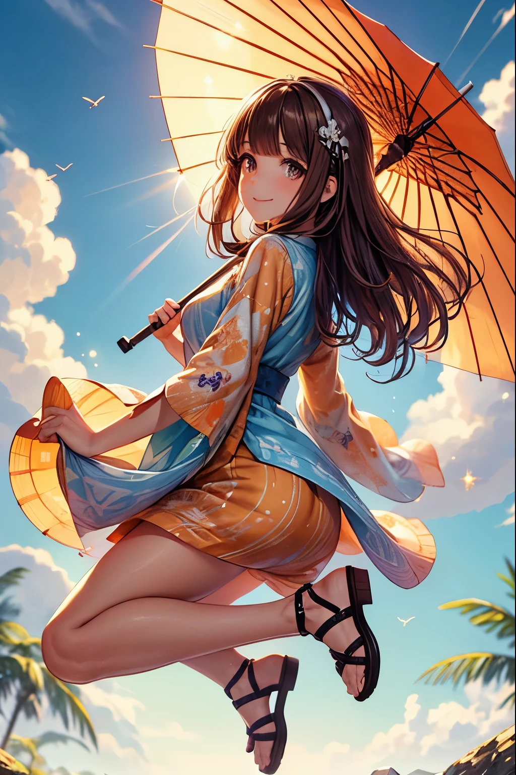 (Ultra-detailed face, smile), (Full Body, A young-aged woman with brown hair, blunt bangs, very long disheveled hair, lavender eyes), (She is wearing a light green summer dress with a rainbow pattern and orange sandals), (She holds her umbrella open tightly with both hands, skipping and whistling as she jumps on the fluffy clouds:1.2), BREAK (In the background, the area sparkles with the light of the shining sun and the power of magic)