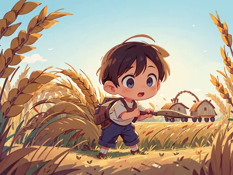 a little boy is holding a sickle and bending over to harvest golden wheat in the wheat field