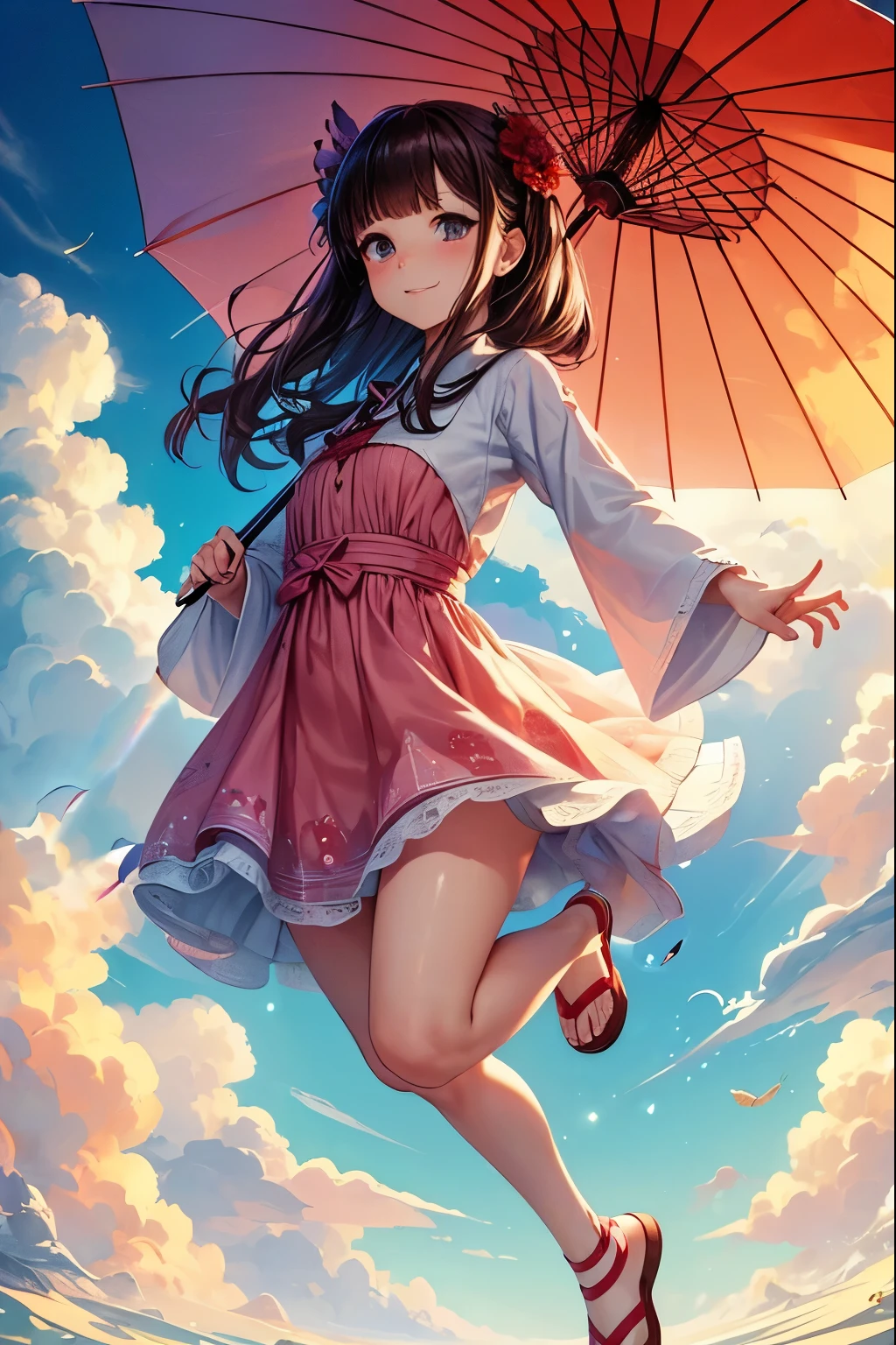 (Ultra-detailed face, smile), (Full Body, A young-aged woman with brown hair, blunt bangs, very long disheveled hair, lavender eyes), (She is wearing a light green summer dress with a rainbow pattern and orange sandals), (She holds her umbrella open tightly with both hands, skipping and whistling as she jumps on the fluffy clouds:1.2), BREAK (In the background, the area sparkles with the light of the shining sun and the power of magic)