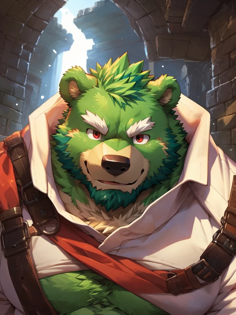 anthro, kemono, male, solo, ((round face, very plump face, thick beard)), ((endomorph body type, old-aged)), (adventure costume), ((green bear, bear) fluffy fur, fluffy), (at old ruin, dungeons), bokeh, (high quality, highres, masterpiece), (dynamic lighting, vivid color), (generous smile), (face focus), front view (close up), cartoon, (((green bear))), (((green fur))), green hair, beard, white eyebrows, bald, detailed red eyes, tall, Joyful, (black t-shirt inside), (((white unhooded trench coat ))), by zixiong, by takemoto arashi, by zixiong, (by null-ghost:0.8), (by t.y.stars:0.4), ((white belly)), close shot, large pectorals, pull his shirt up and reveal his chest,