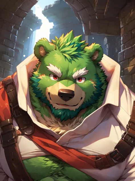 anthro, kemono, male, solo, ((round face, very plump face, thick beard)), ((endomorph body type, old-aged)), (adventure costume)...