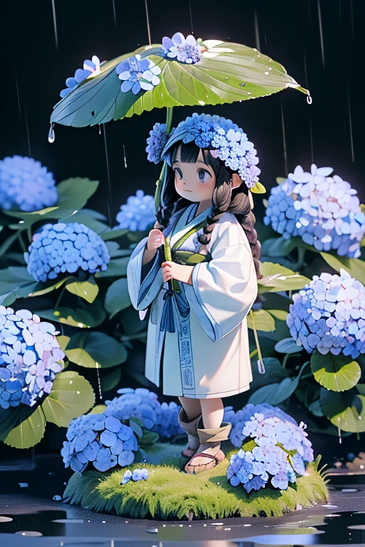 (High quality, realistic, ultra-high definition 3DCG) 1 girl, (5 cm tall beautiful dwarf girl, 5-to-100% body proportions) (wearing Ainu traditional clothing, black hair, blue eyes) (forest with light rain, lots of blue hydrangeas, cobblestones and moss) (beautiful girl holds butterbur leaf in hand) (High quality, realistic, ultra-high definition 3DCG) 1 girl, (5 cm tall beautiful dwarf girl, 5-to-100% body proportions) (wearing Ainu traditional clothing, black hair, blue eyes) (forest with light rain, lots of blue hydrangeas, cobblestones and moss) (beautiful girl holds butterbur leaf in hand like an umbrella)