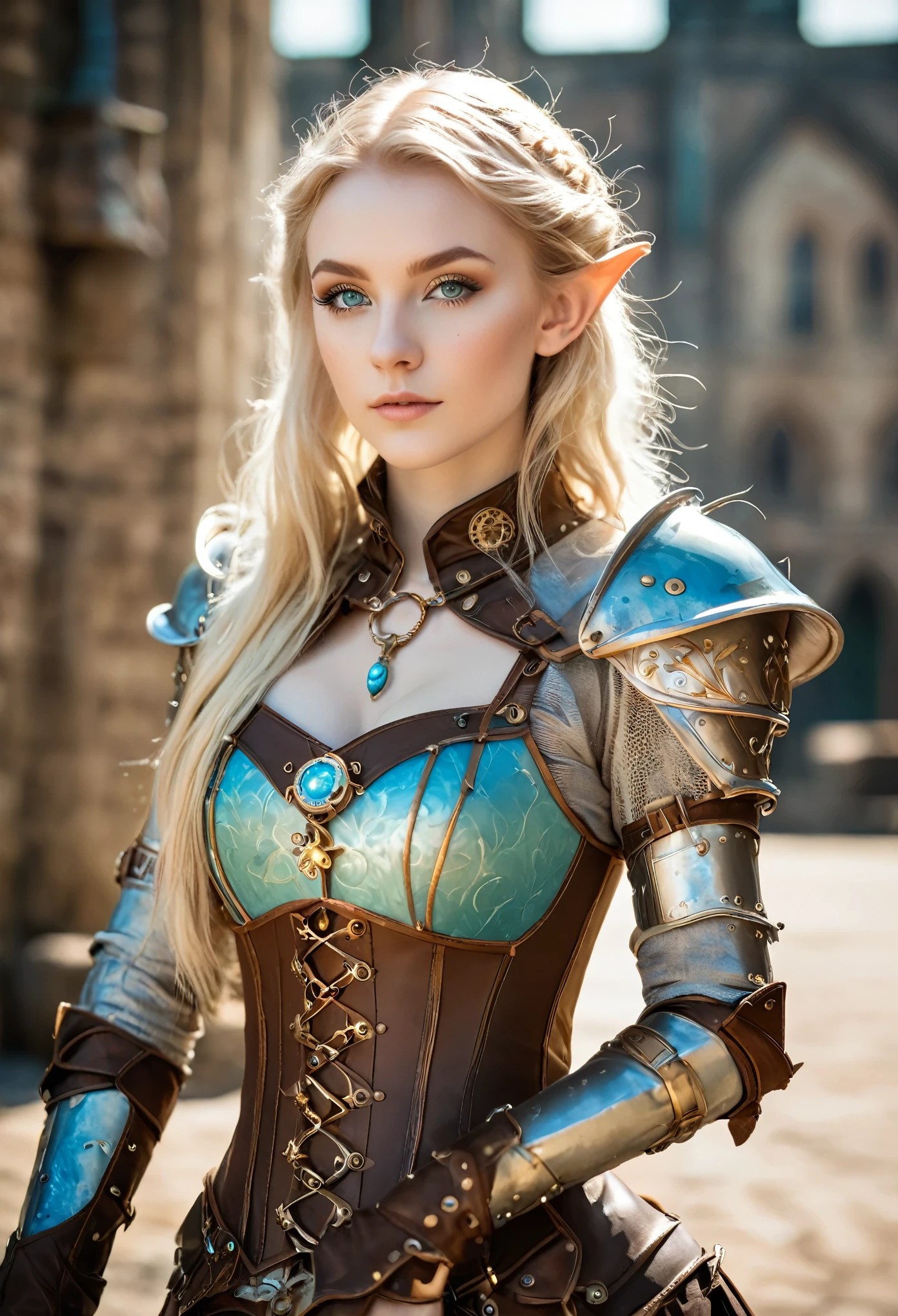 Masterpiece, a beautiful female elf Steampunk knight (Lily Larimar 1.0), bright eyes, blonde hair, broad shoulders, strong body, high detail pale skin with light freckles, high detail filigree elf Steampunk armor, outside, (skin texture:1.1), best quality, ultra high res, Raw photo, Nikon D850, backlight, rimlight, bright sunlight, film grain:1.2, (warm hue, warm tone:1.2), (color photo), Steampunk castle background