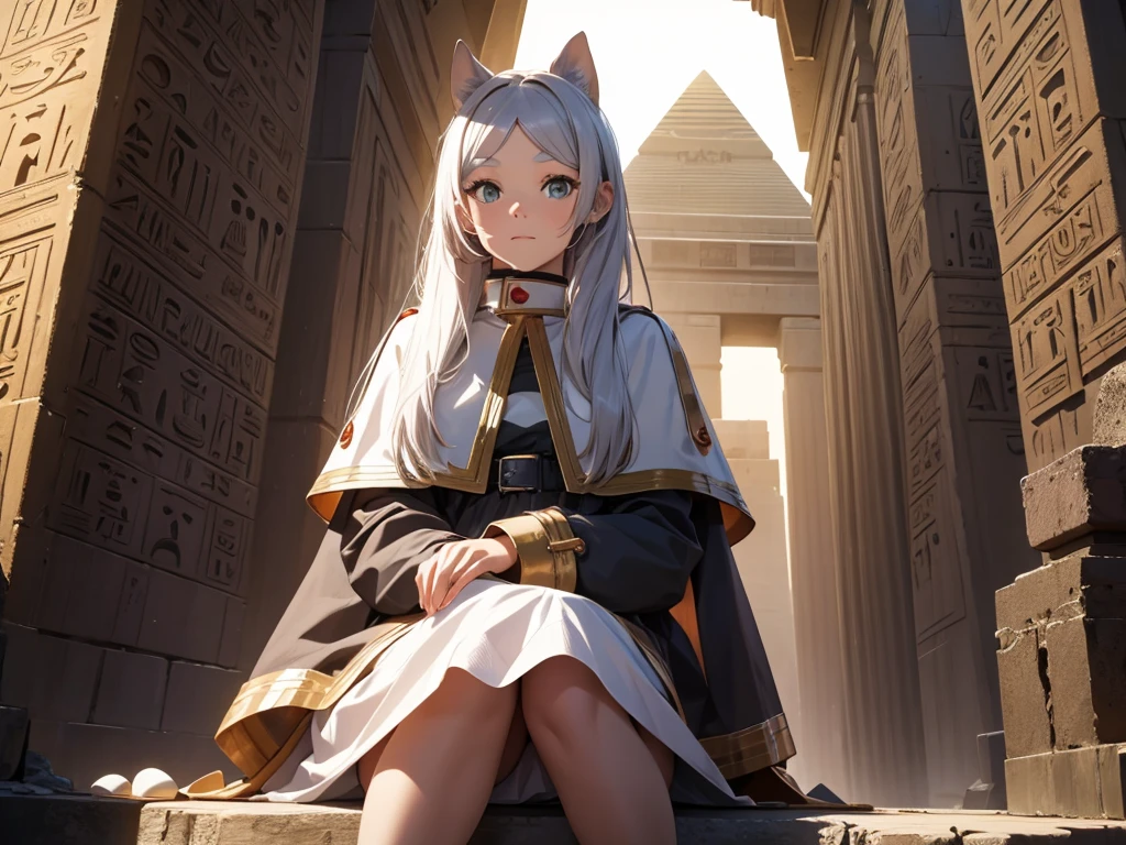 uma garota,Frielen、Em frente à pirâmide、Egito、sentado,obra de arte、foto realista,melhor qualidade:1.5