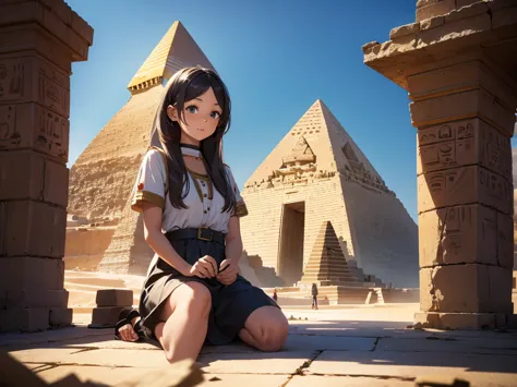 a girl,Frielen、In front of the pyramid、Egypt、sitting,masterpiece、photo realistic,best quality:1.5