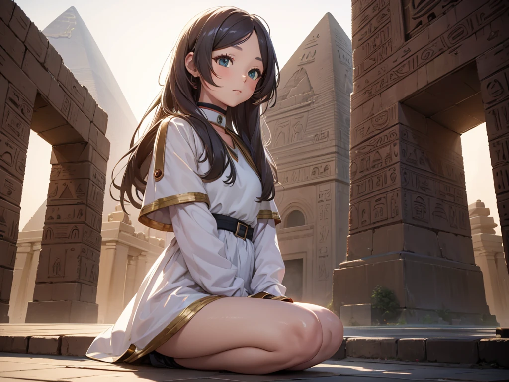uma garota,Frielen、Em frente à pirâmide、Egito、sentado,obra de arte、foto realista,melhor qualidade:1.5,Tiro de calcinha,