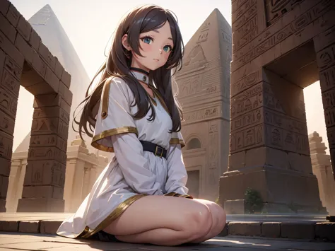 a girl,Frielen、In front of the pyramid、Egypt、sitting,masterpiece、photo realistic,best quality:1.5,panty shot,