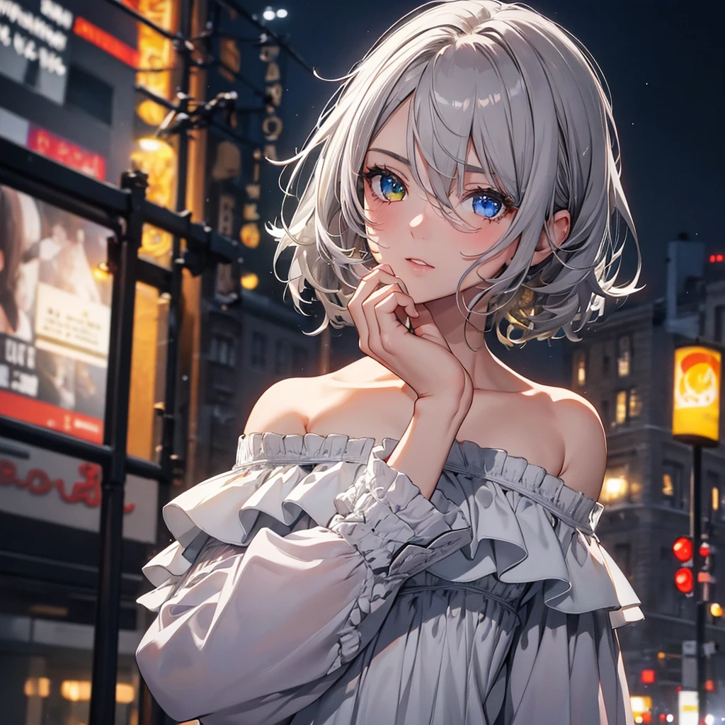 Highest quality, masterpiece, Ultra-high resolution, (Realistic: 1.4), RAW Photos, One girl, Off the shoulder, Cinema Lighting, Kiss pose, Heterochromia iridis, Gray Hair, Gray Hair