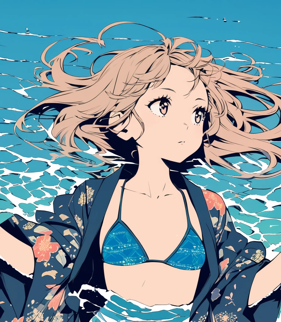 extremely detailed 8K CG, ultra-detailed:1.3, ultra delicate and detailed face:1.3, (absurdres, texture, masterpiece), pop art, pixiv contest winner, by Posuka Demizu, dynamic manga-style illustration of slender girl wearing kimono patterned bikini is soaking on the ocean. She is looking up.