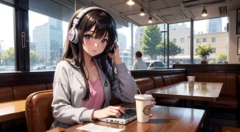 girl with headphones enjoying music in a cafe　i am studying　emphasize a little bit of the chest