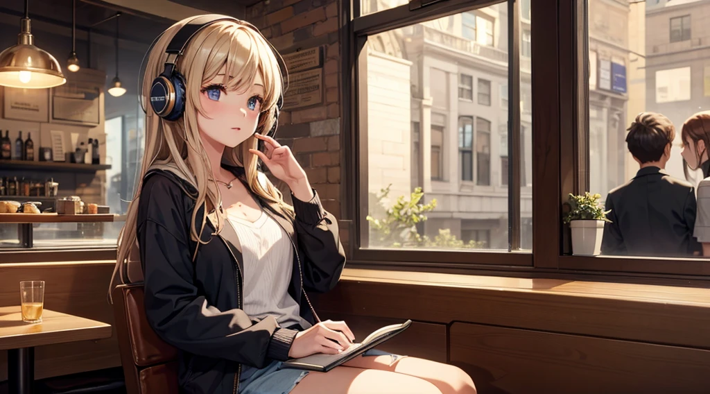 Girl with headphones enjoying music in a cafe　I am studying　Emphasize a little bit of the chest