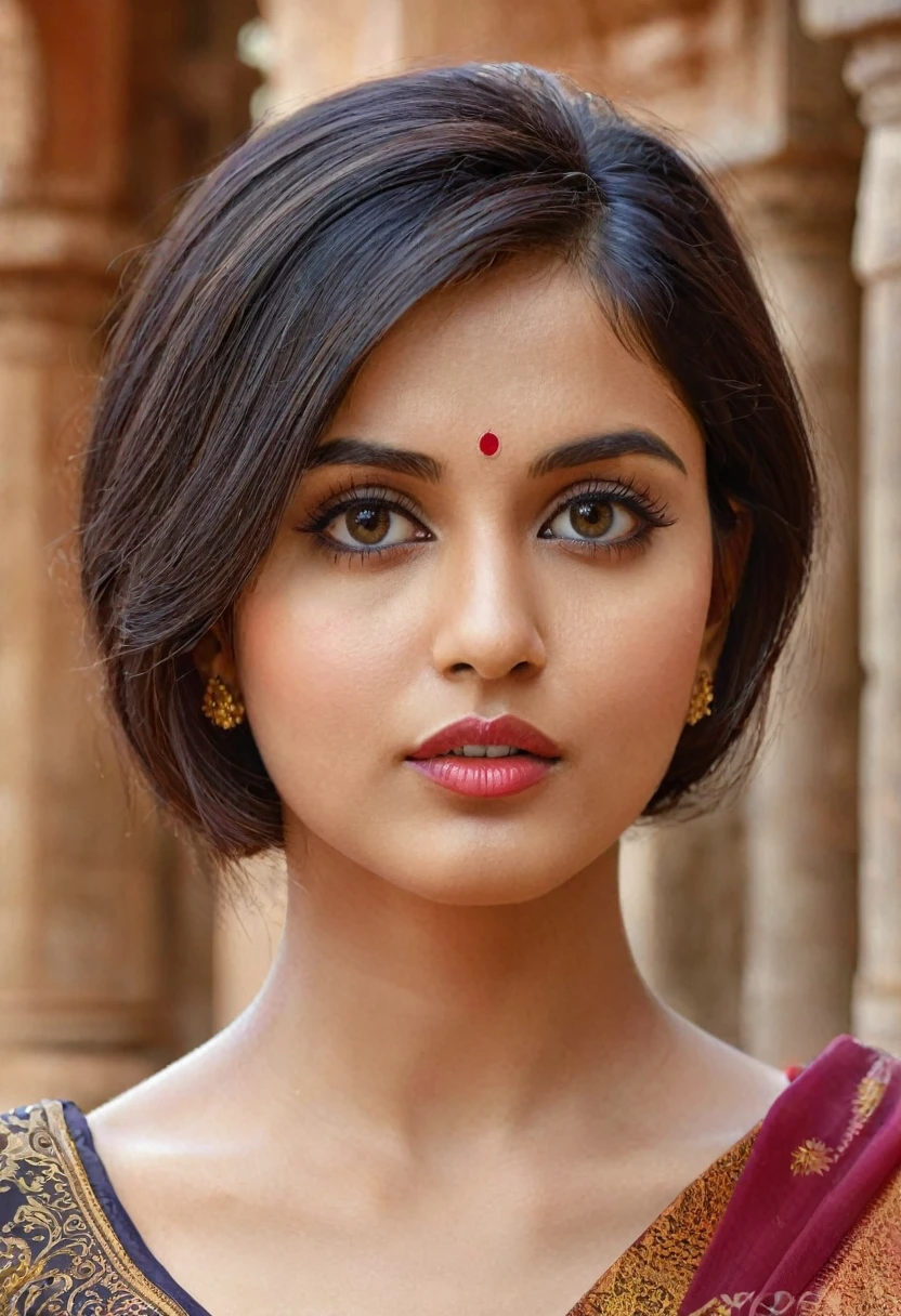 "(best quality,highres), Indian woman at temple, wearing sari, beautiful detailed eyes and lips, short haircut, long eyelashes, realistic rendering, vibrant hues, high resolution, ultra-detailed, realistic rendering, high-resolution masterpiece, ", (woman's appearance is curved and attractive),