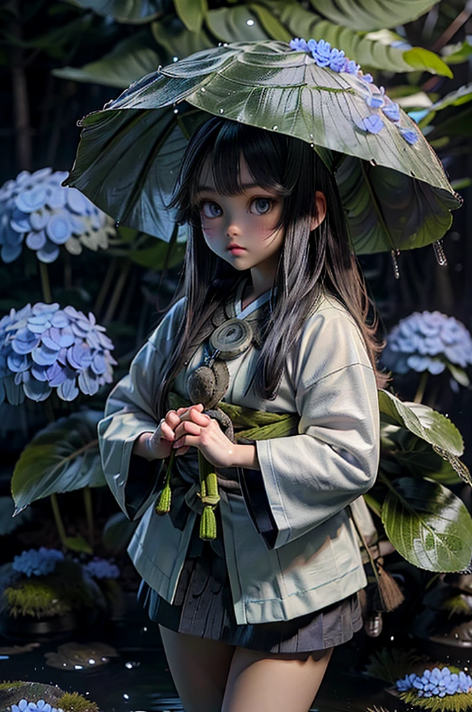 (alta qualidade, realista, 3DCG de ultra-alta definição) 1 garota, (Bela anã de 5 cm de altura, 5:5 proporções) ((Vestindo roupas tradicionais Ainu)) (Cabelo preto, olhos azuis) (Floresta com chuva fraca, muitas hortênsias brancas, paralelepípedos e musgo) (Segurando uma folha de carrapicho como guarda-chuva) (alta qualidade, realista, 3DCG de ultra-alta definição) 1 garota,