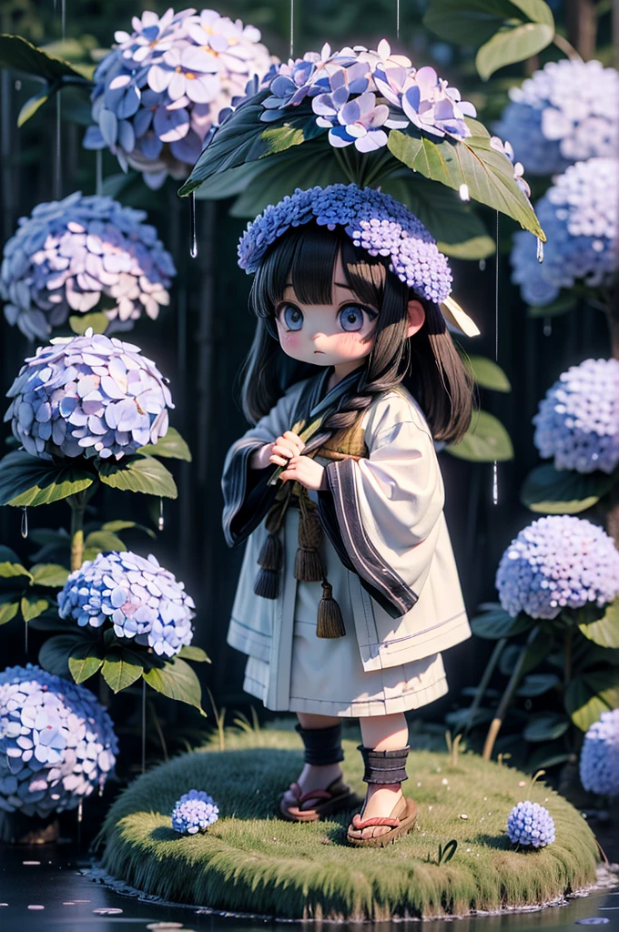 (High quality, realistic, ultra-high definition 3DCG) 1 girl, (5 cm tall dwarf beauty, 5:5 proportions) ((Wearing Ainu traditional clothing)) (Black hair, blue eyes) (Forest with light rain, lots of white hydrangeas, cobblestones and moss) (Holding a butterbur leaf as an umbrella) (High quality, realistic, ultra-high definition 3DCG) 1 girl,