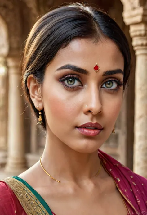 "(best quality,highres), Indian woman at temple, wearing sari, beautiful detailed eyes and lips, short haircut, long eyelashes, ...