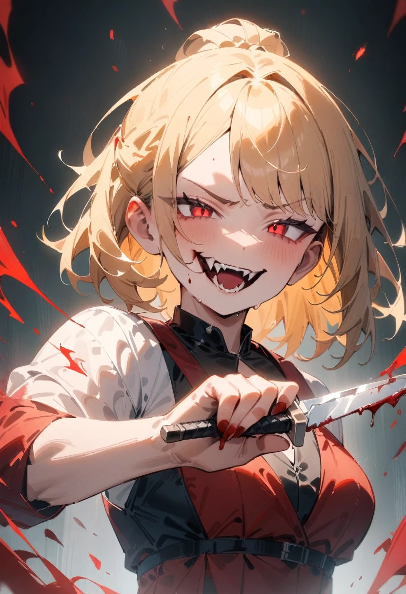 masterpiece, best quality, very aesthetic, absurdres, newest, 1girl, solo, blonde hair, shaved bangs, evil smile, female focus, blood, fangs, grabbing silver knife blade, waist-up