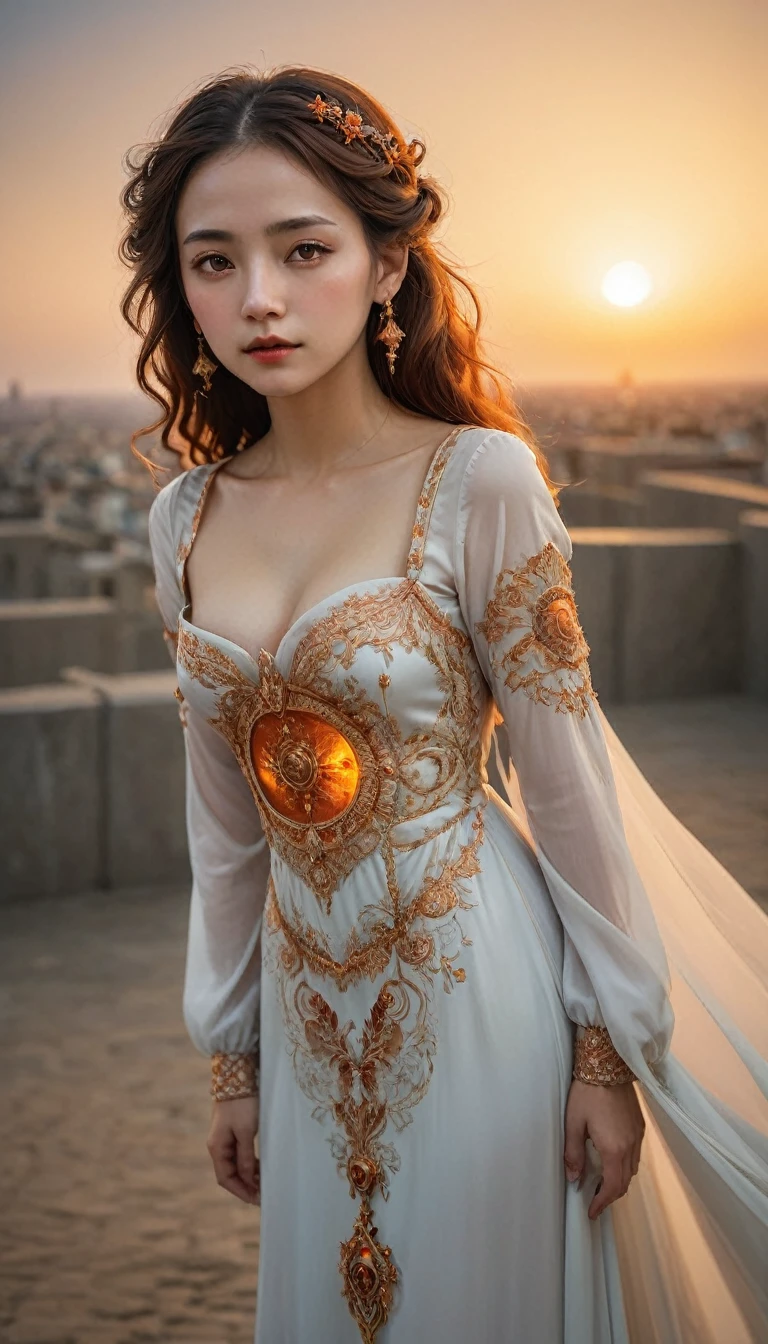 (Absurd, High resolution, Super detailed), One girl, Zodiac sign - Aries Goddess , alone, mature, Baroque, Long dress, Long sleeve, elegant, colorful, Most detailed, Upper Body , Sunset Hair . Eye of Fire . Brave, Selfish, Productive, The face of an enterprising humanitarian .