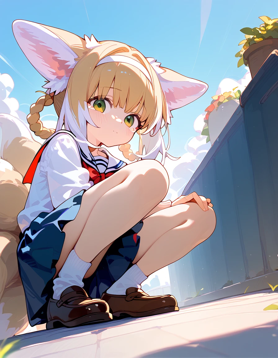 score_9,score_8_up,score_7_up,
1girl,solo,suzuran,closed mouth,green eyes,tearing_up,hair rings,animal ear fluff,blonde hair,multiple tails,fox tail,outdoors,in a meadow,(school uniform:1.2),on floor,),squatting,from below ,looking at viewer,