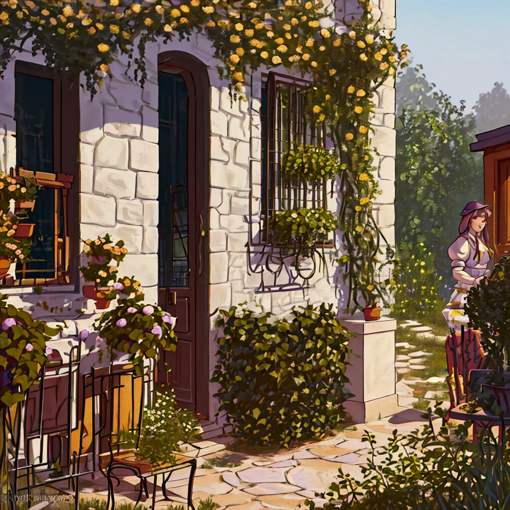 painting of a table and chairs outside a house with a bunch of grapes, inspired by Guido Borelli da Caluso, by Guido Borelli da Caluso, beautiful digital painting, beautiful high resolution, beautiful oil matte painting, beautiful digital artwork, high detailed oil painting, highly detailed digital painting, realistic painting style, gardening, by Grzegorz Rutkowski