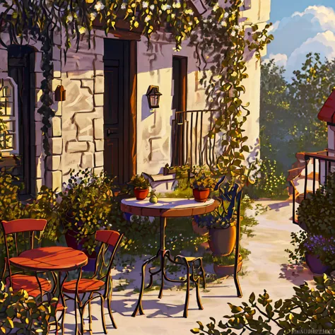 painting of a table and chairs outside a house with a bunch of grapes, inspired by Guido Borelli da Caluso, by Guido Borelli da ...