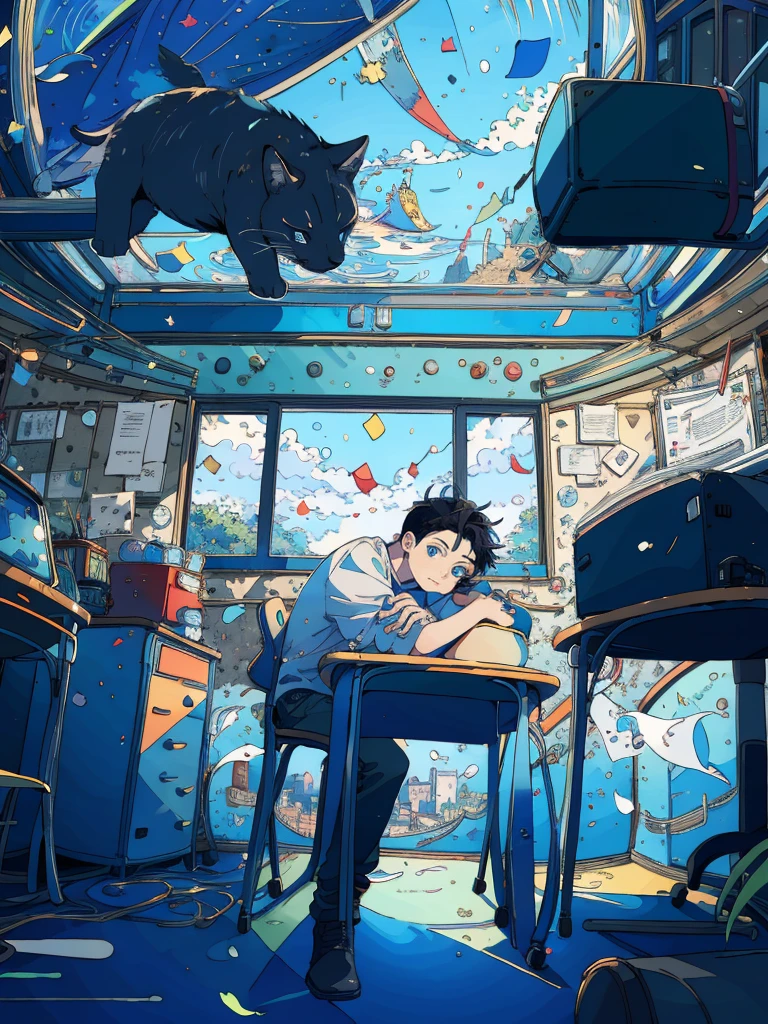 (masterpiece:1.2), best quality,PIXIV,fairy tale style, 19 years old, boy, black hair, blue eyes, indifferent, window, sitting inside of an classroom,


