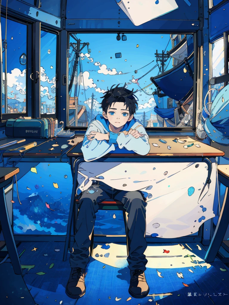 (masterpiece:1.2), best quality,PIXIV,fairy tale style, 19 years old, boy, black hair, blue eyes, indifferent, window, sitting inside of an classroom,


