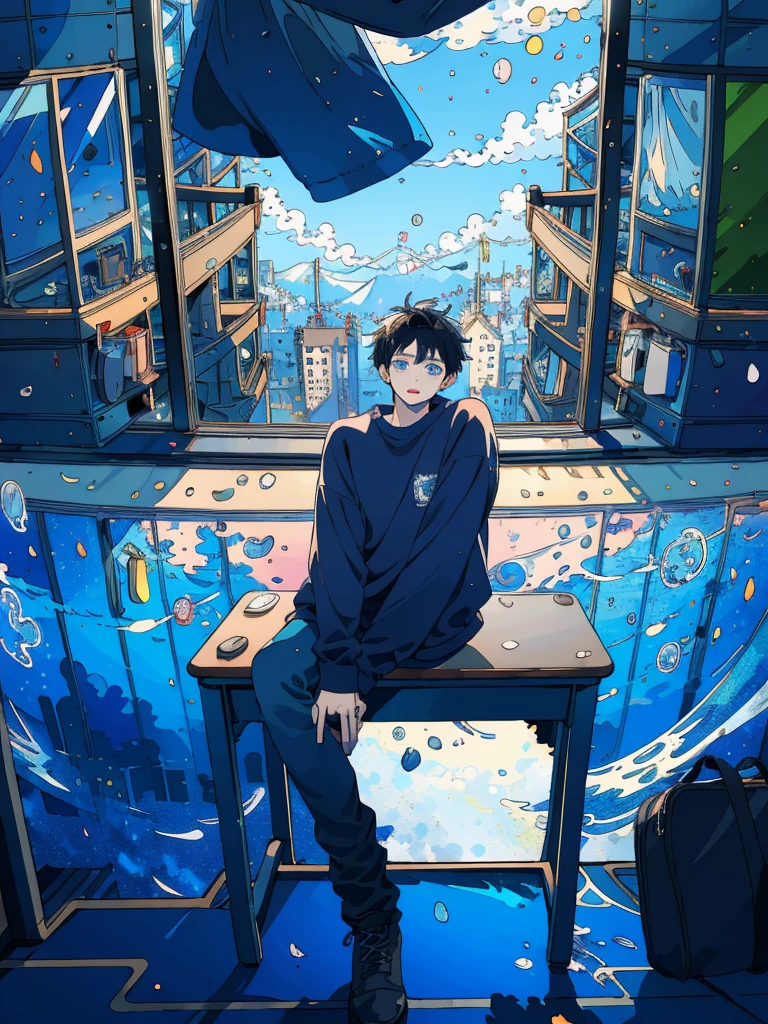 (masterpiece:1.2), best quality,PIXIV,fairy tale style, 19 years old, boy, black hair, blue eyes, indifferent, window, sitting inside of an classroom,


