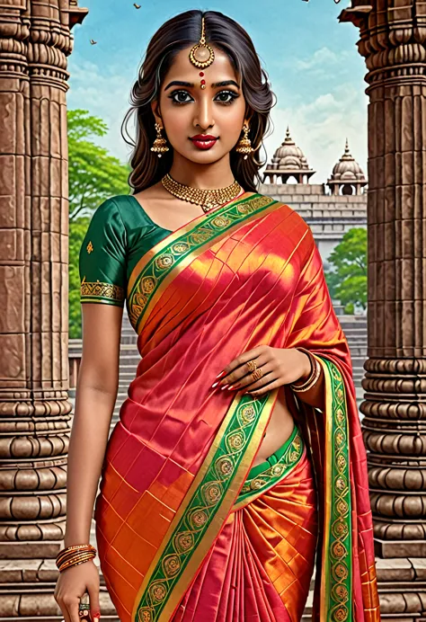"(best quality,highres), Indian woman at temple, wearing sari, beautiful detailed eyes and lips, long eyelashes, realistic rende...