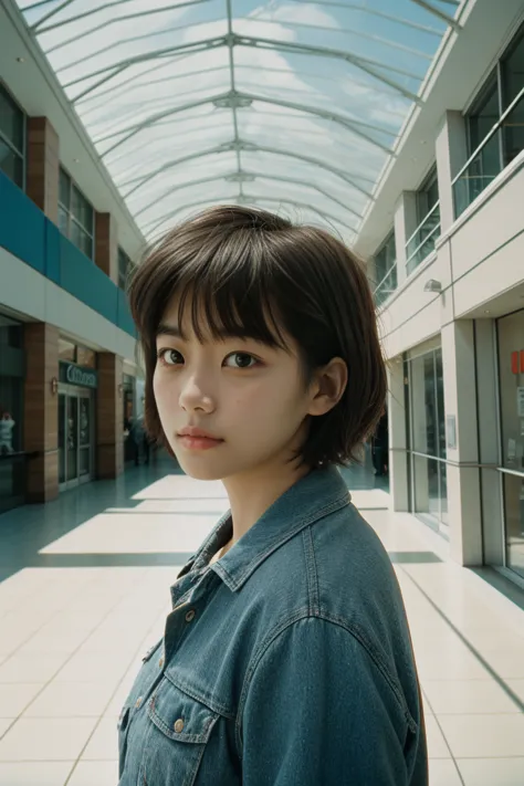 natural light, analog film photo, kodachrome , beautiful female short hair ,solo ,mall