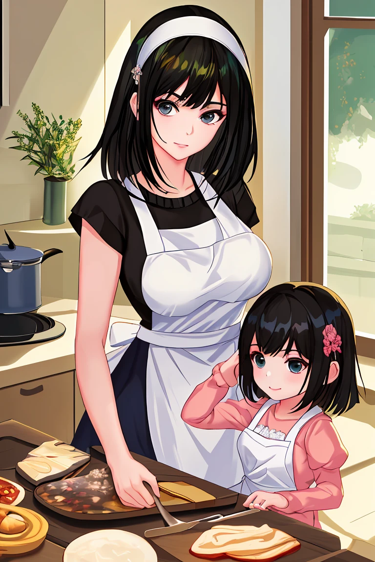 Beauty mother-in-law　Black Hair　hair band　Mother and daughter have beautiful breasts　Mother is an apron　Mother&#39;s wedding ring　My daughter is in uniform　My daughter is wearing a mini skirt　kitchen