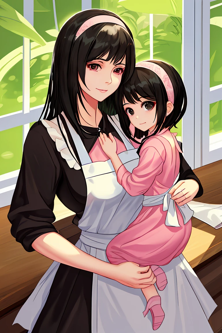 Beauty mother-in-law　Black Hair　hair band　Mother and daughter have beautiful breasts　Mother is an apron　Mother&#39;s wedding ring　My daughter is in uniform　My daughter is wearing a mini skirt　kitchen