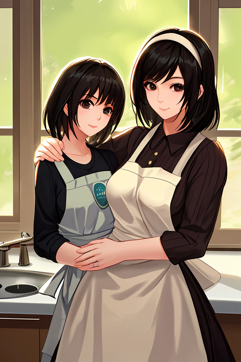 Beauty mother-in-law　Black Hair　hair band　Mother and daughter have beautiful breasts　Mother is an apron　Mother&#39;s wedding ring　My daughter is in uniform　My daughter is wearing a mini skirt　kitchen