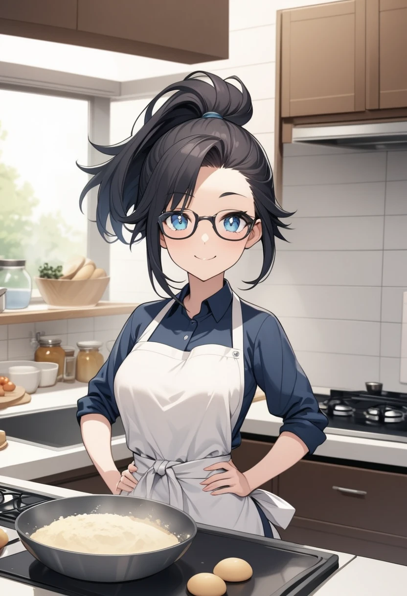 Adult female, highly detailed, glasses, short black hair wolf cut style tied back, blue eyes, smile, kitchen, apron, perfect eyes, high quality, hands on hips, baking, happy