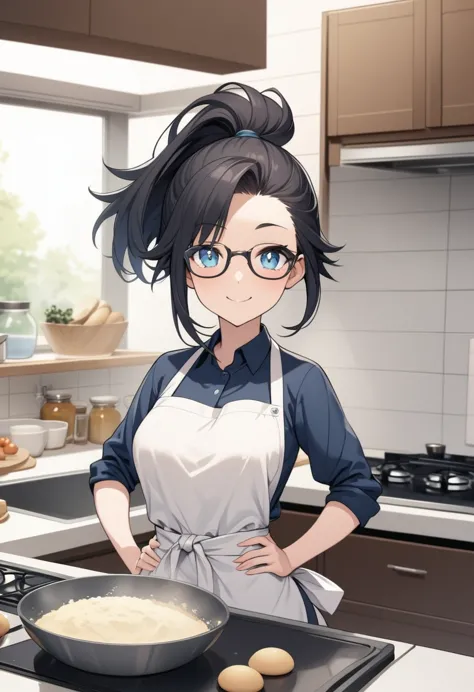 adult female, highly detailed, glasses, short black hair wolf cut style tied back, blue eyes, smile, kitchen, apron, perfect eye...