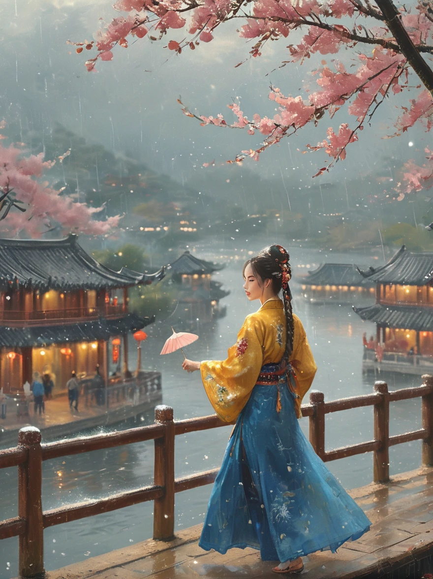 （Best quality，8K，high resolution，masterpiece:1.2），Ultra Detail，（lifelike，Photorealism，Photorealism:1.37），(Girl holding an oil-paper umbrella:1.3)，Girls Focus，Close shot，Stand on a small bridge，Running Water，Ancient Town，Jiangnan Scenery，antique，Spring rain，light rain，beauty，beauty细致的眼睛，beauty细致的嘴唇，Extremely detailed eyes and face，Long eyelashes，Chinese traditional clothing，Chinese Architecture，illustration，The image is bright，rich and colorful，Fine details