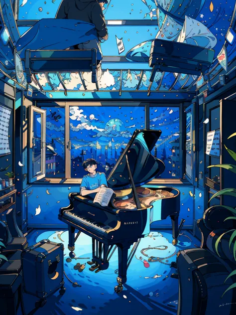 (masterpiece:1.2), best quality,pixiv,fairy tale style, 19 years old, boy, black hair, blue eyes, indifferent, window, sitting i...